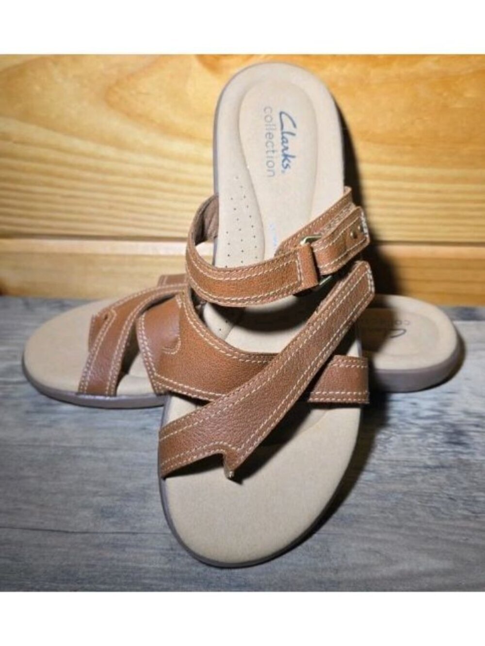 Clark's Size 9w Collection Elizabelle Bay Brown Leather Thong Sandels Adjustable - Picture 2 of 10